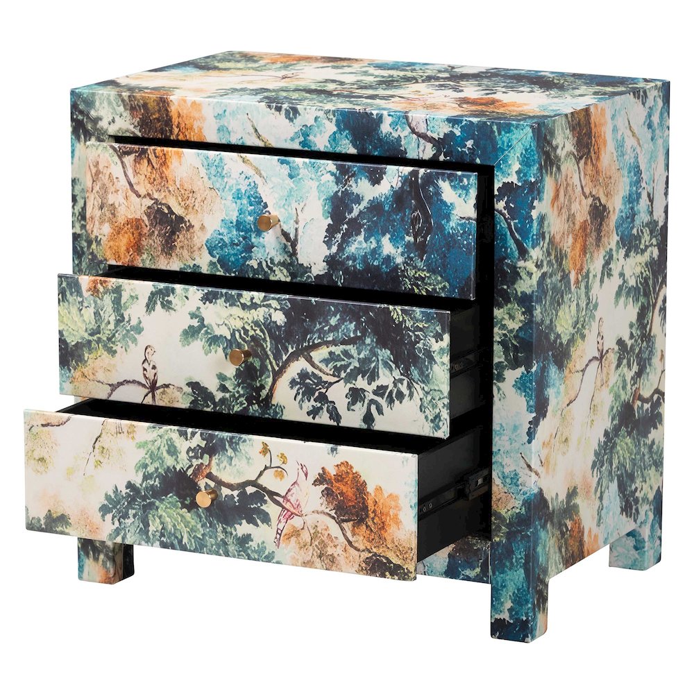 Adeline End Table with Printed Nature Motif - 3-Drawer Storage Cabinet. Picture 2