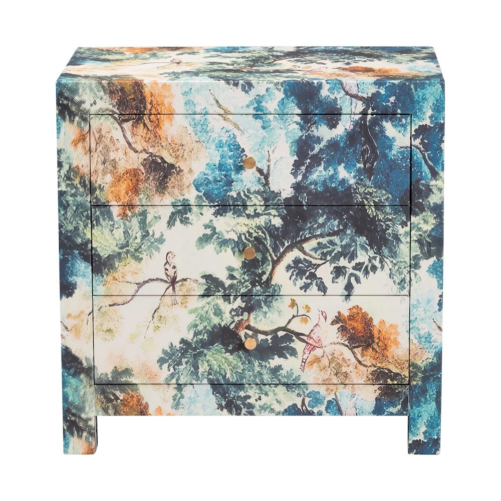 Adeline End Table with Printed Nature Motif - 3-Drawer Storage Cabinet. Picture 3