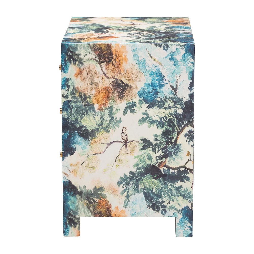 Adeline End Table with Printed Nature Motif - 3-Drawer Storage Cabinet. Picture 5