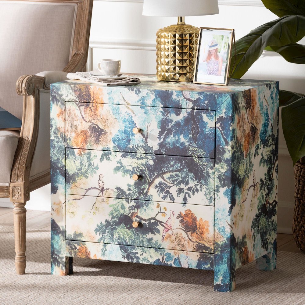 Adeline End Table with Printed Nature Motif - 3-Drawer Storage Cabinet. Picture 9
