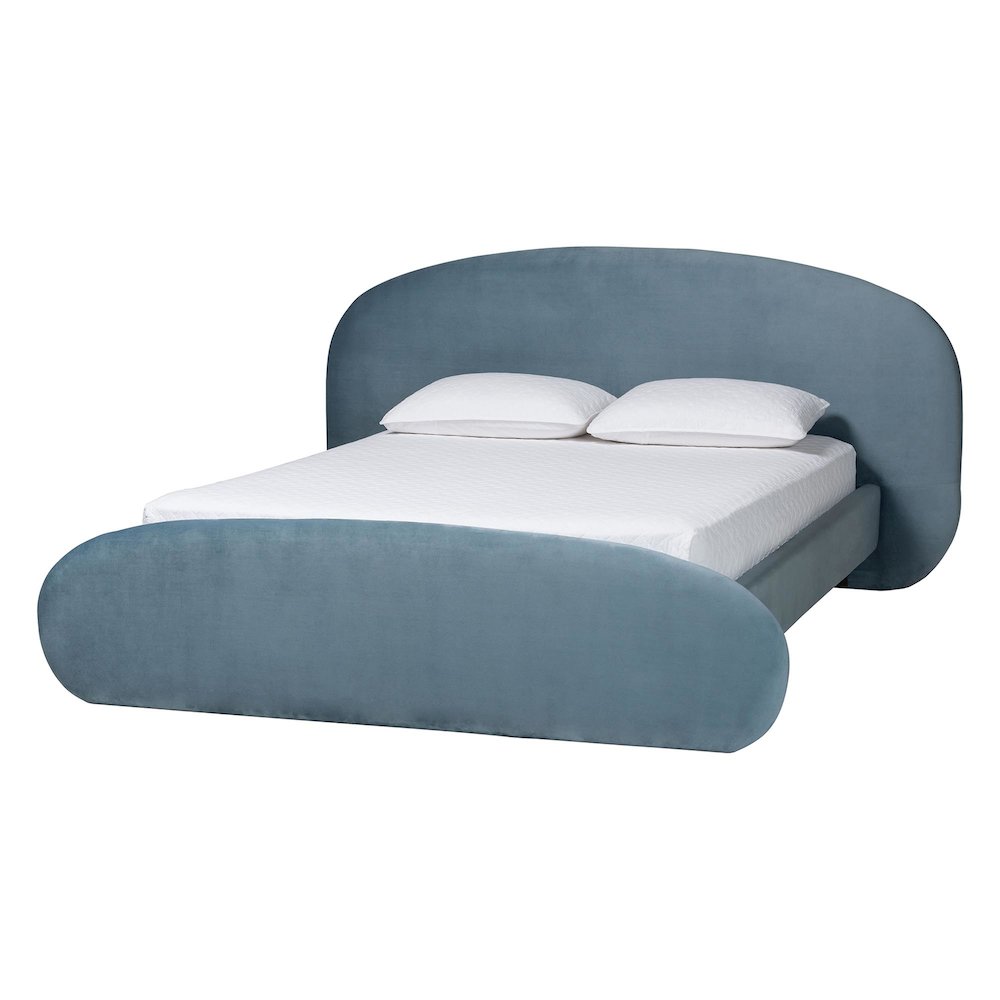 Velvet Upholstered Platform Bed - Mid-Century Bed Frame with Headboard, Queen. Picture 1
