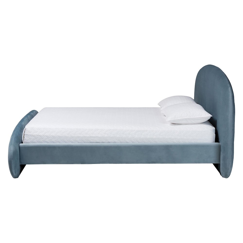 Velvet Upholstered Platform Bed - Mid-Century Bed Frame with Headboard, Queen. Picture 2