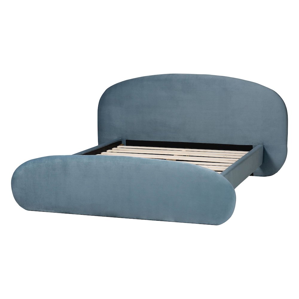 Velvet Upholstered Platform Bed - Mid-Century Bed Frame with Headboard, Queen. Picture 3