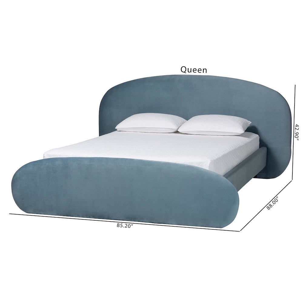 Velvet Upholstered Platform Bed - Mid-Century Bed Frame with Headboard, Queen. Picture 4