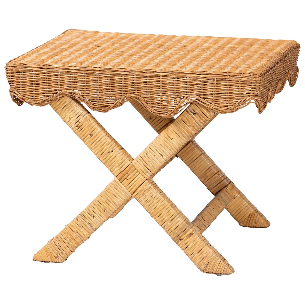Modesta Natural Rattan Accent Bench Seating with Scalloped Apron, X-Frame Base. Picture 1