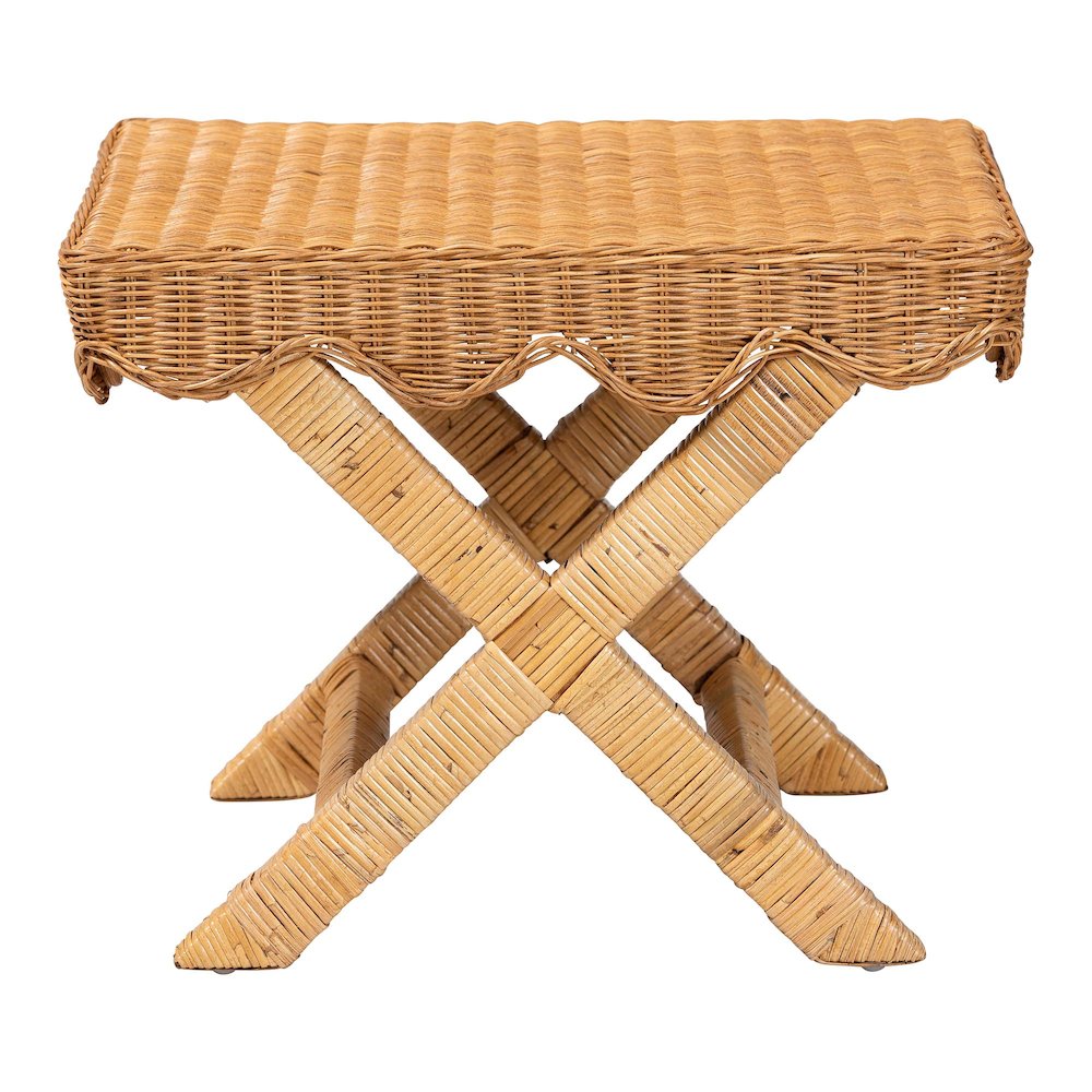 Modesta Natural Rattan Accent Bench Seating with Scalloped Apron, X-Frame Base. Picture 3