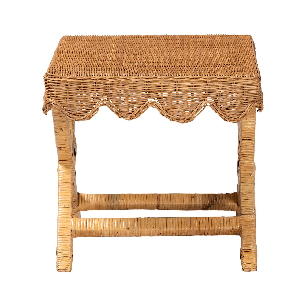 Modesta Natural Rattan Accent Bench Seating with Scalloped Apron, X-Frame Base. Picture 4