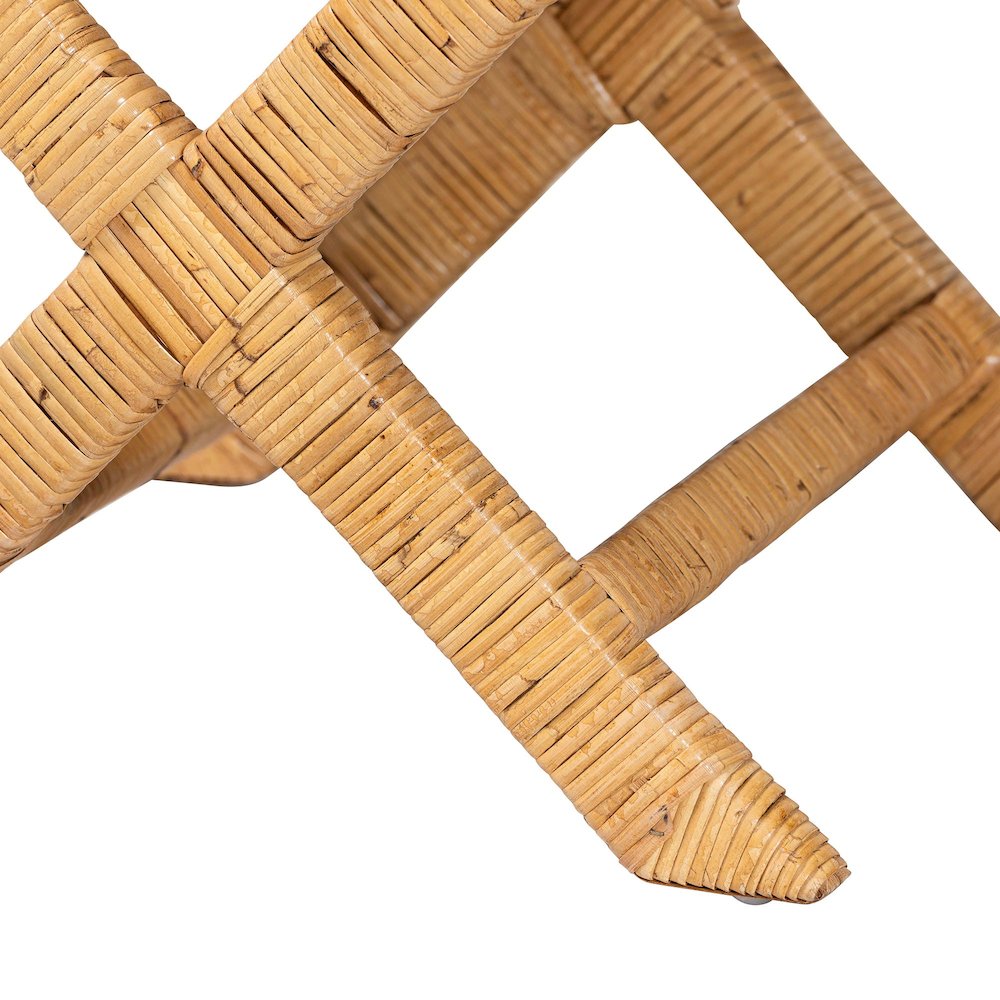 Modesta Natural Rattan Accent Bench Seating with Scalloped Apron, X-Frame Base. Picture 5