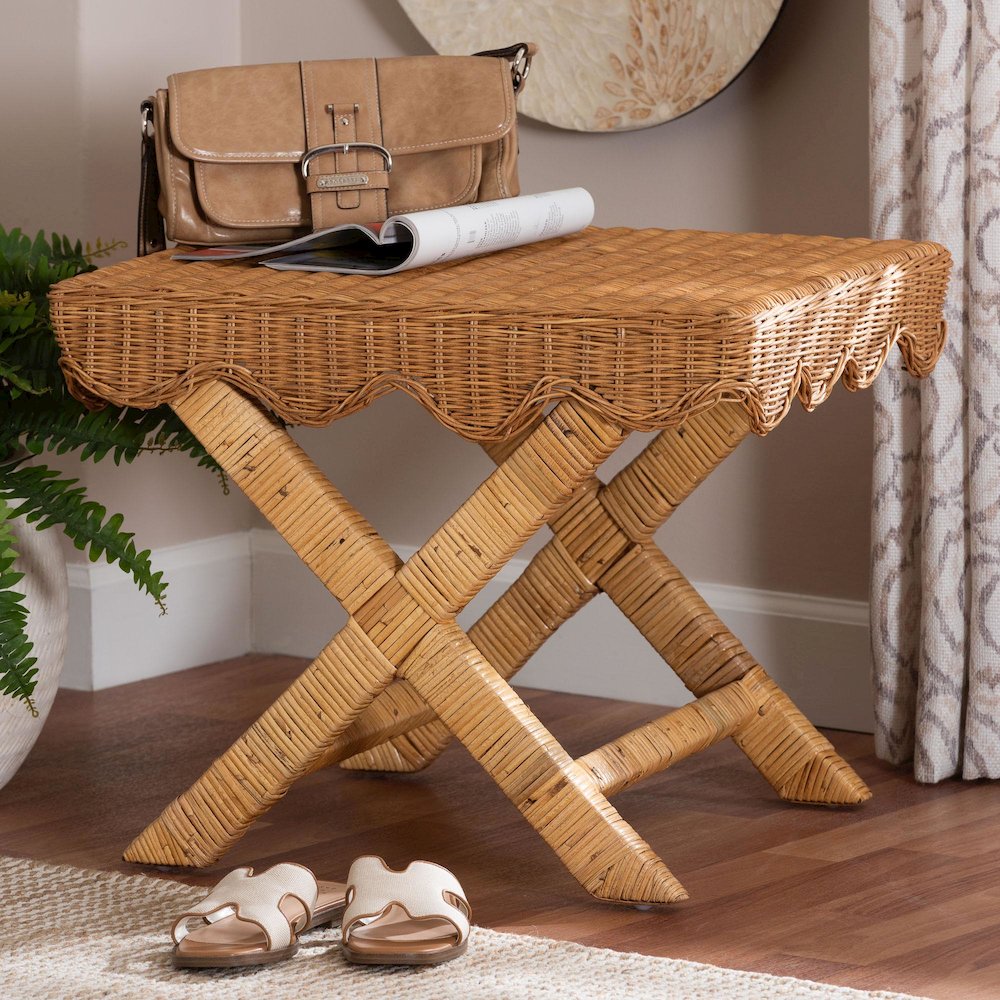 Modesta Natural Rattan Accent Bench Seating with Scalloped Apron, X-Frame Base. Picture 2