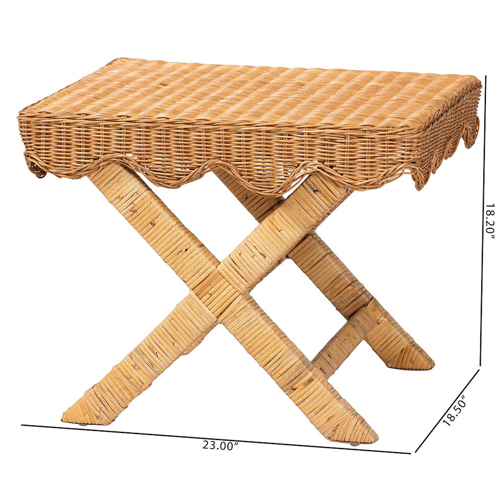 Modesta Natural Rattan Accent Bench Seating with Scalloped Apron, X-Frame Base. Picture 6