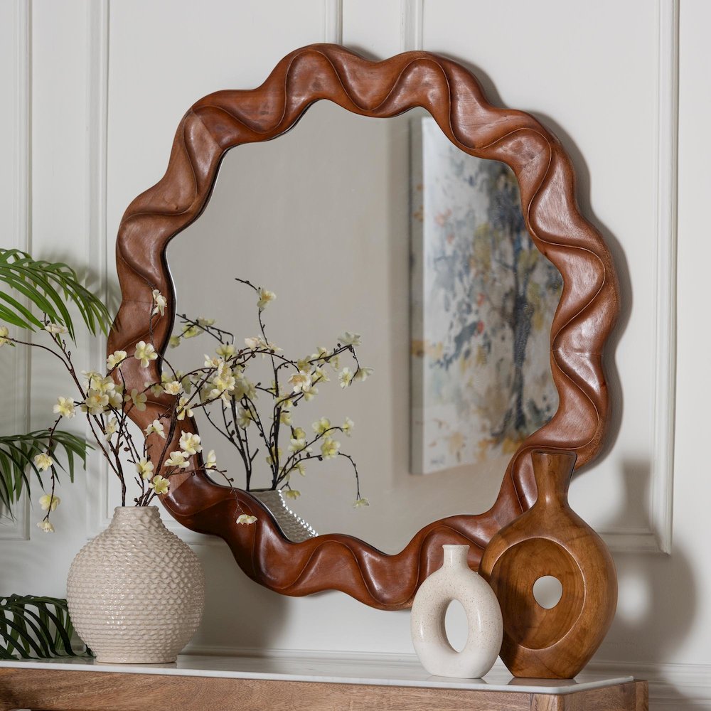 Round Wall Mirror with Sculpted Wavy Frame - Decorative Accent Mirror. Picture 2