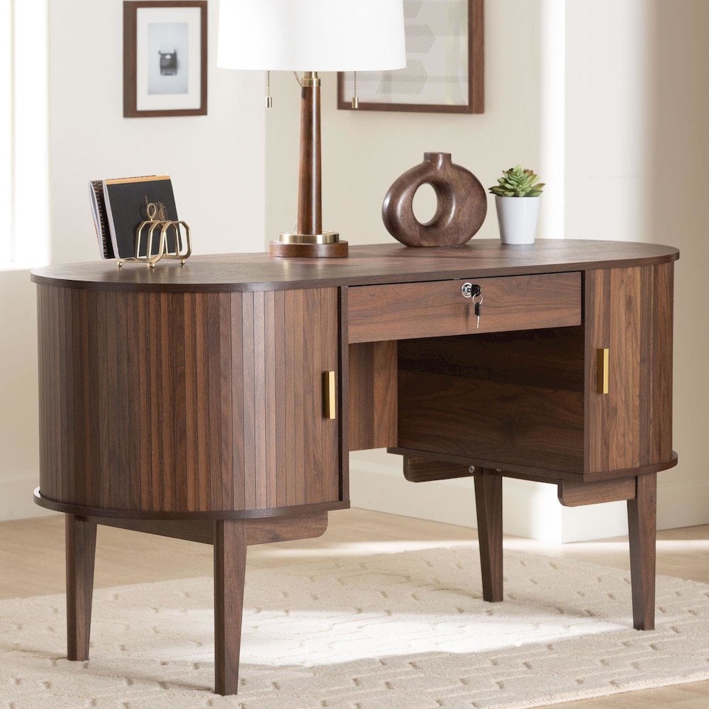 Hayes Wood Writing Desk - Mid-Century Modern Oval Desk with Locking Drawer. Picture 11