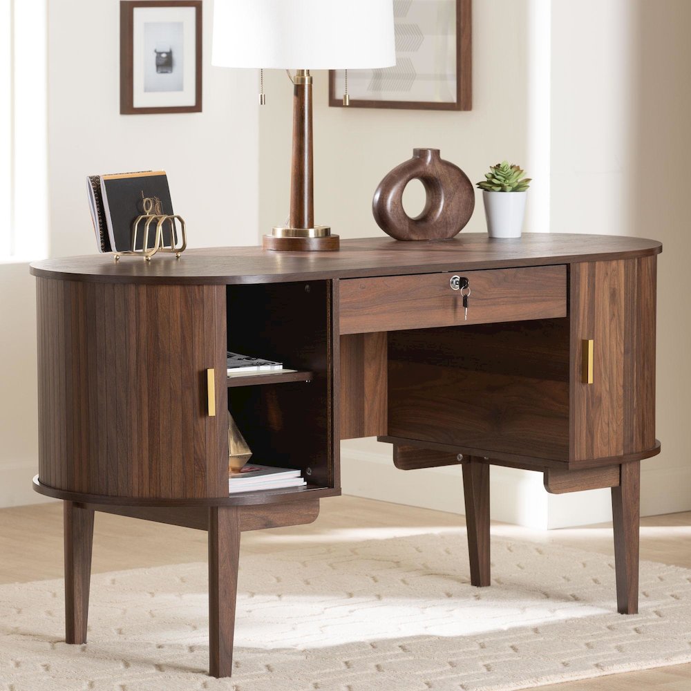 Hayes Wood Writing Desk - Mid-Century Modern Oval Desk with Locking Drawer. Picture 9