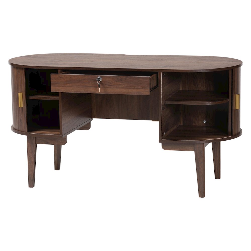 Hayes Wood Writing Desk - Mid-Century Modern Oval Desk with Locking Drawer. Picture 2