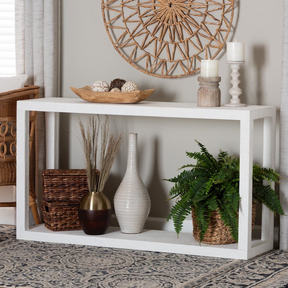 Oaklynn Natural Grasscloth Console Table, Two-Tier Entryway Table, White. Picture 2