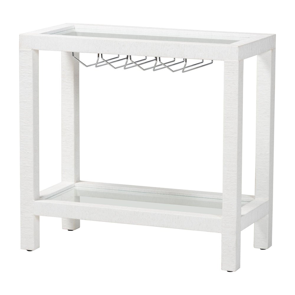Oaklynn Natural Grasscloth Wine Rack, Bar Table with Glass Shelves, White. Picture 1