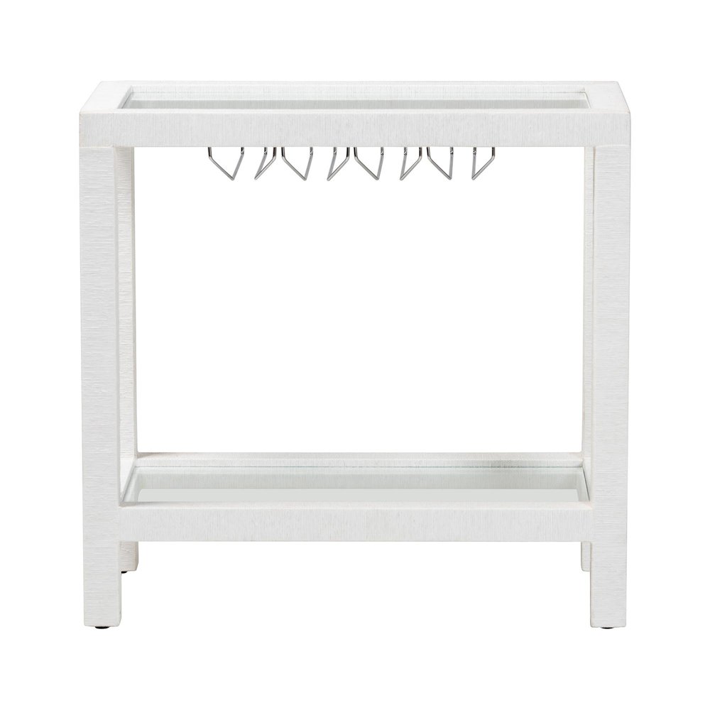 Oaklynn Natural Grasscloth Wine Rack, Bar Table with Glass Shelves, White. Picture 3