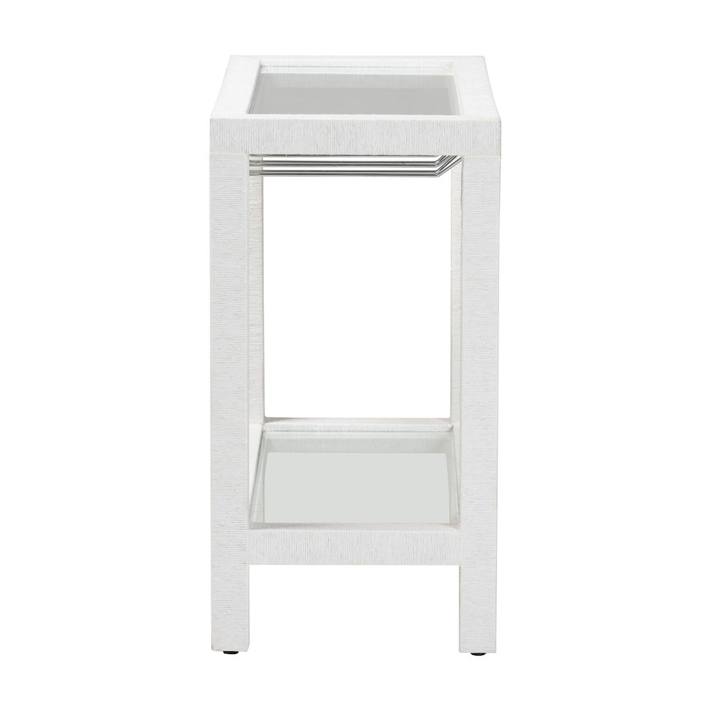 Oaklynn Natural Grasscloth Wine Rack, Bar Table with Glass Shelves, White. Picture 4