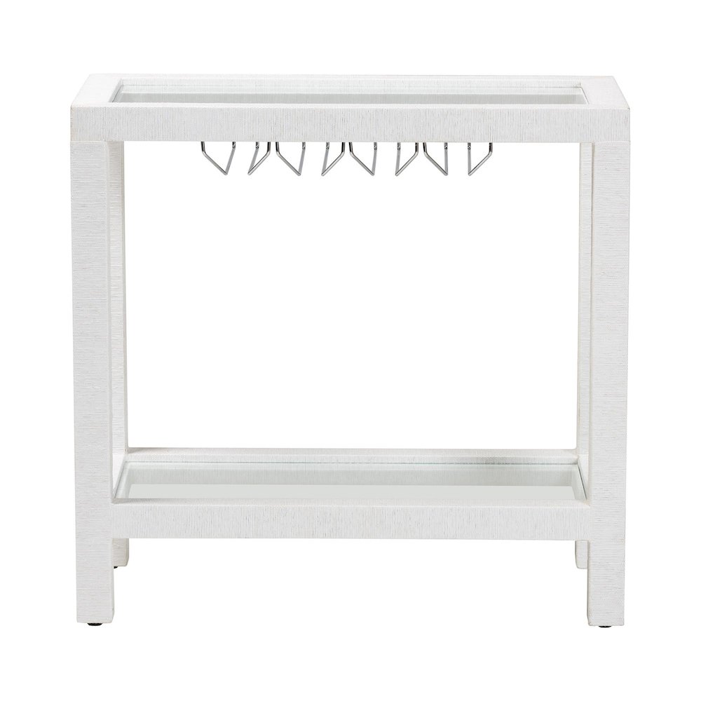 Oaklynn Natural Grasscloth Wine Rack, Bar Table with Glass Shelves, White. Picture 5