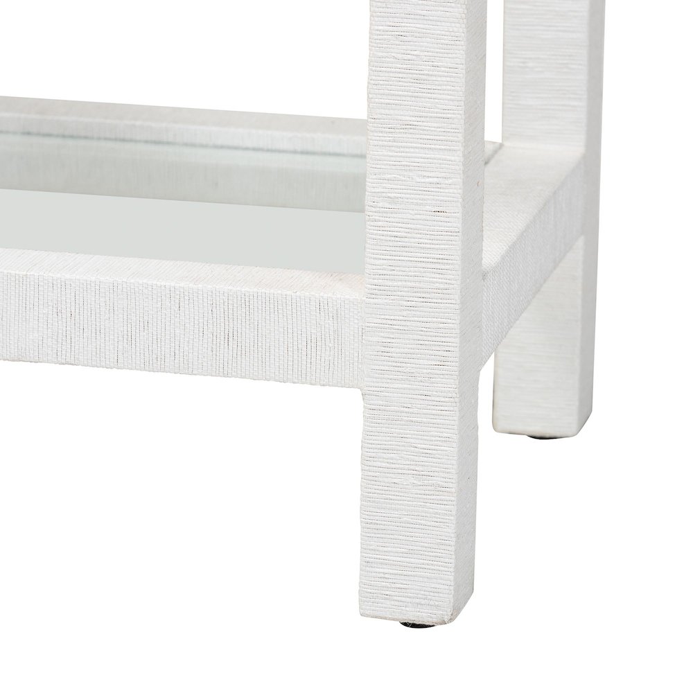 Oaklynn Natural Grasscloth Wine Rack, Bar Table with Glass Shelves, White. Picture 7