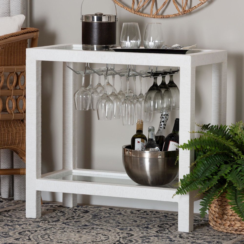 Oaklynn Natural Grasscloth Wine Rack, Bar Table with Glass Shelves, White. Picture 2