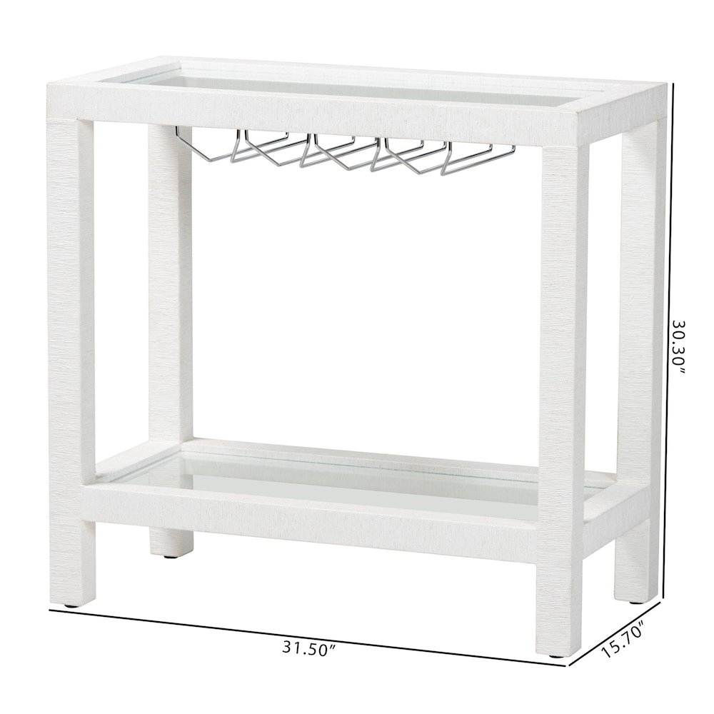 Oaklynn Natural Grasscloth Wine Rack, Bar Table with Glass Shelves, White. Picture 8