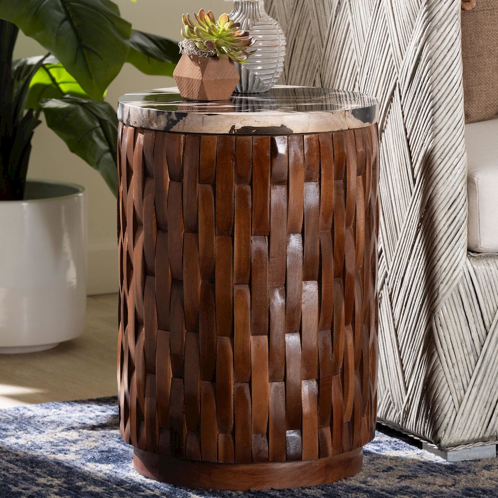 End Table with Petrified Wood Top, Accent Side Table, Recycled Teak Wood Frame. Picture 2