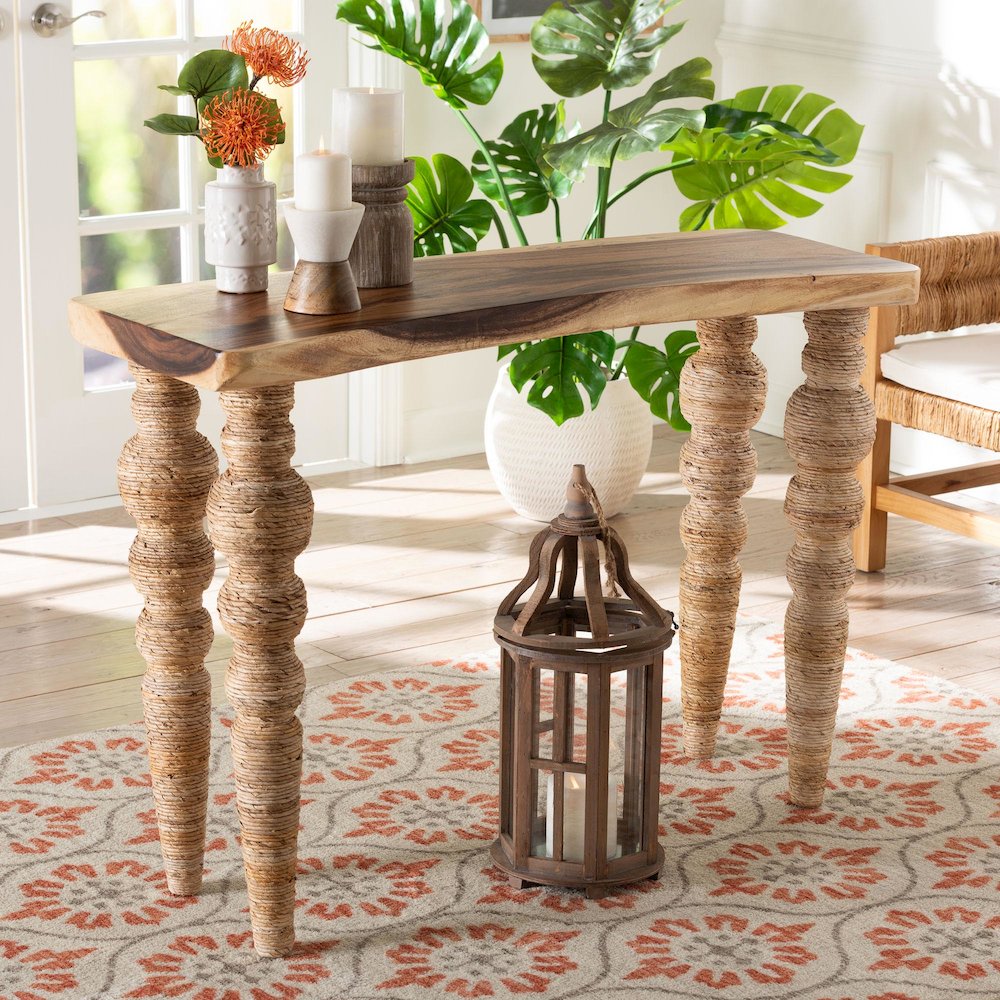 Teak Wood Console Table with Seagrass and Bobbin Legs, Narrow Entryway Table. Picture 2