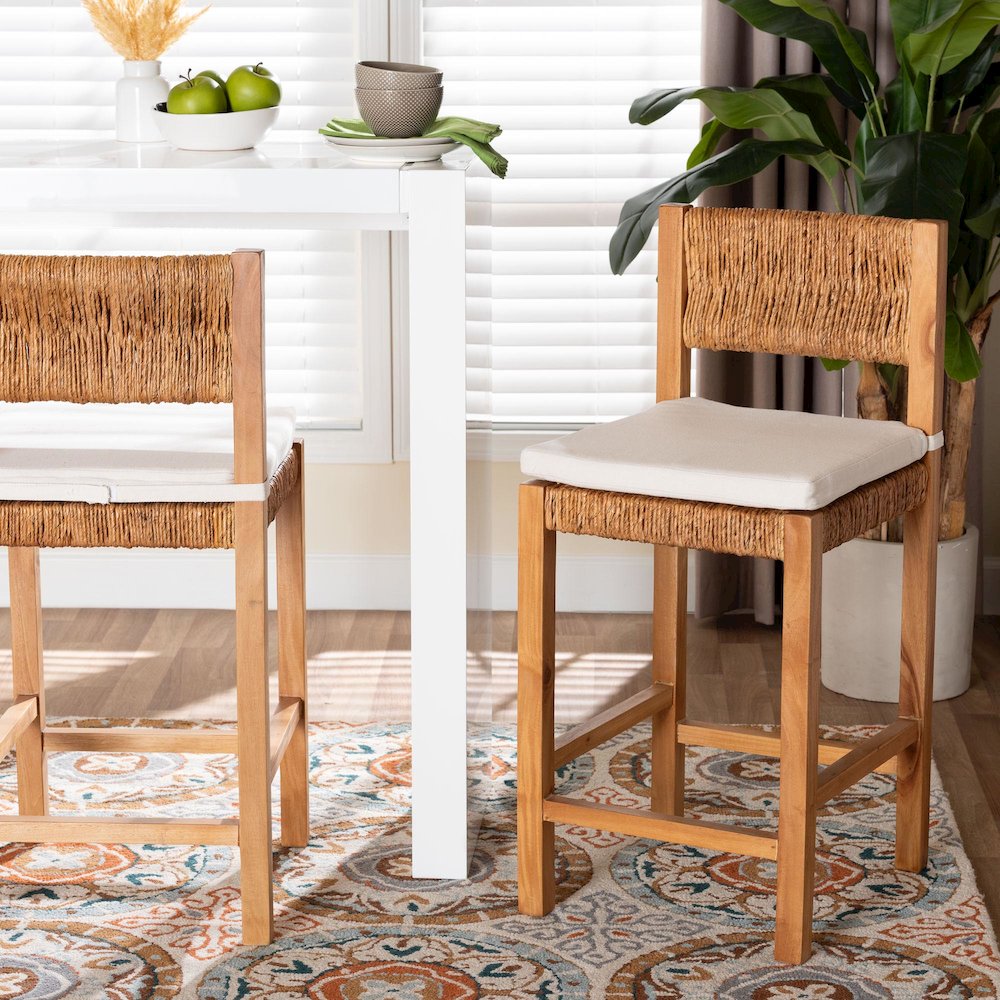 Pava Woven Seagrass Counter Stool - Solid Mahogany Wood Stool, Counter Height. Picture 2