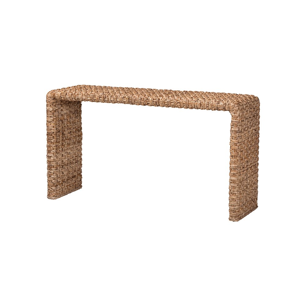 Alda Handwoven Seagrass Console Table with Rustic Waterfall Design. Picture 1