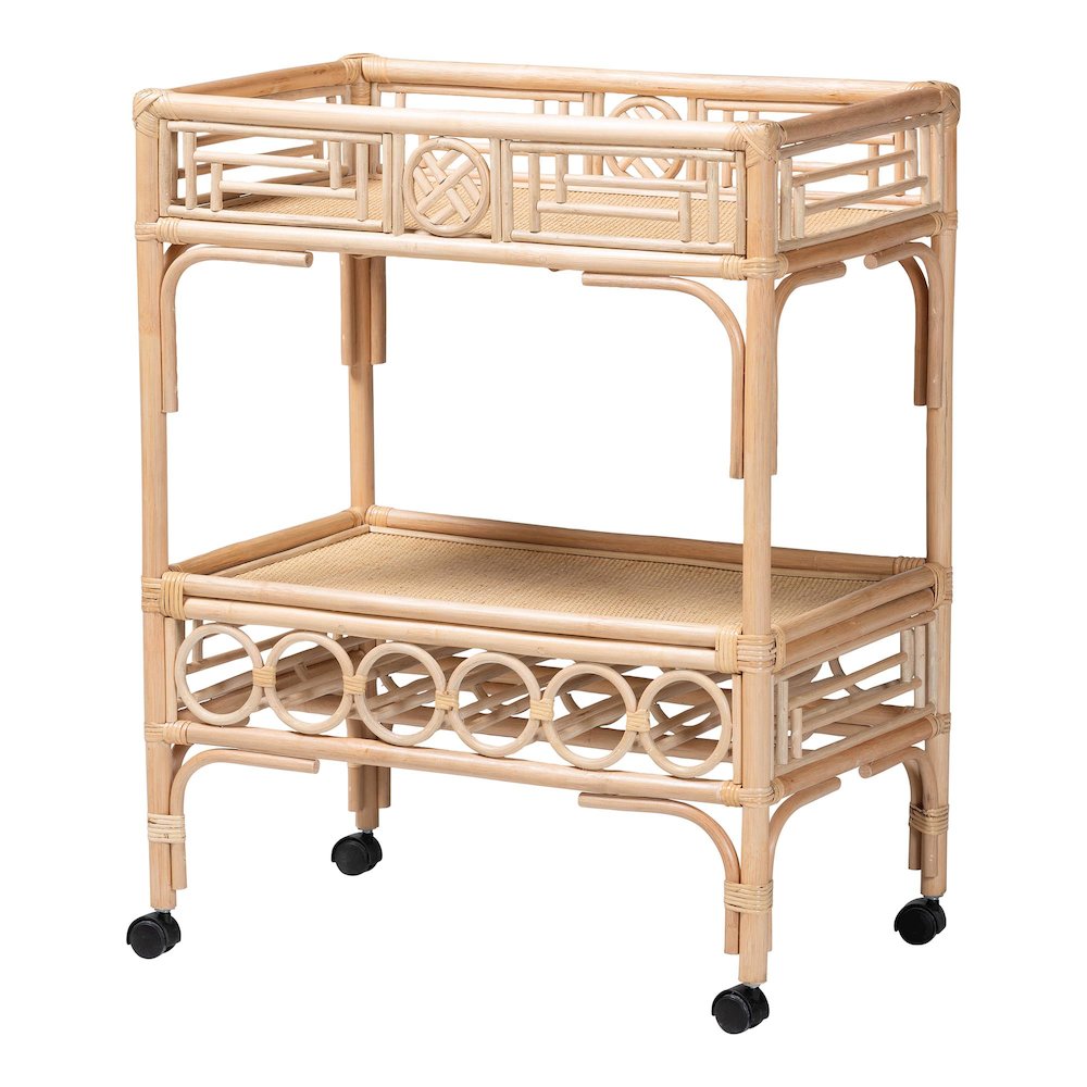 Molina Natural Rattan Wine Cart - 2-Tier Beverage Trolley with Wheel. Picture 1