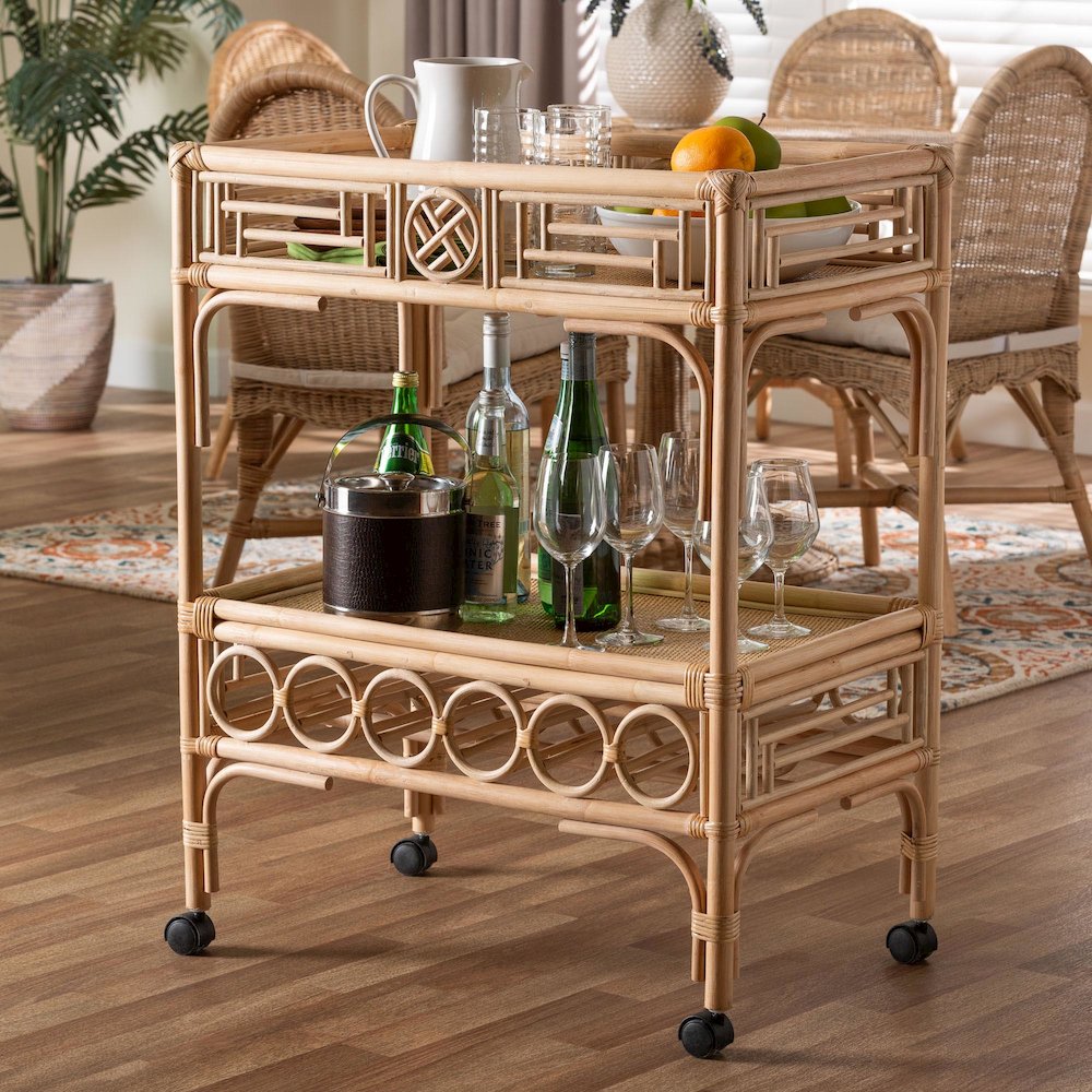 Molina Natural Rattan Wine Cart - 2-Tier Beverage Trolley with Wheel. Picture 2