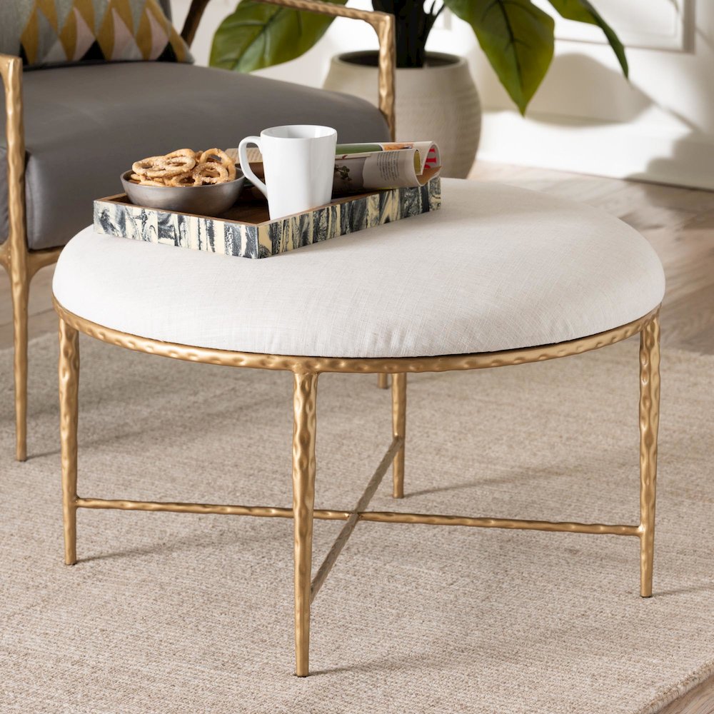 Modern Rustic Accent Ottoman with Hand-Forged Metal Frame, Round 30". Picture 2