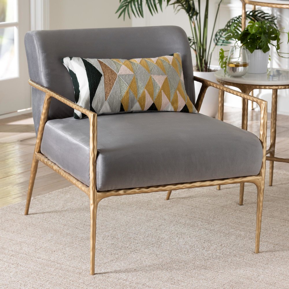 Velvet Lounge Chair with Track Arms with Hand-Forged Metal Frame. Picture 2