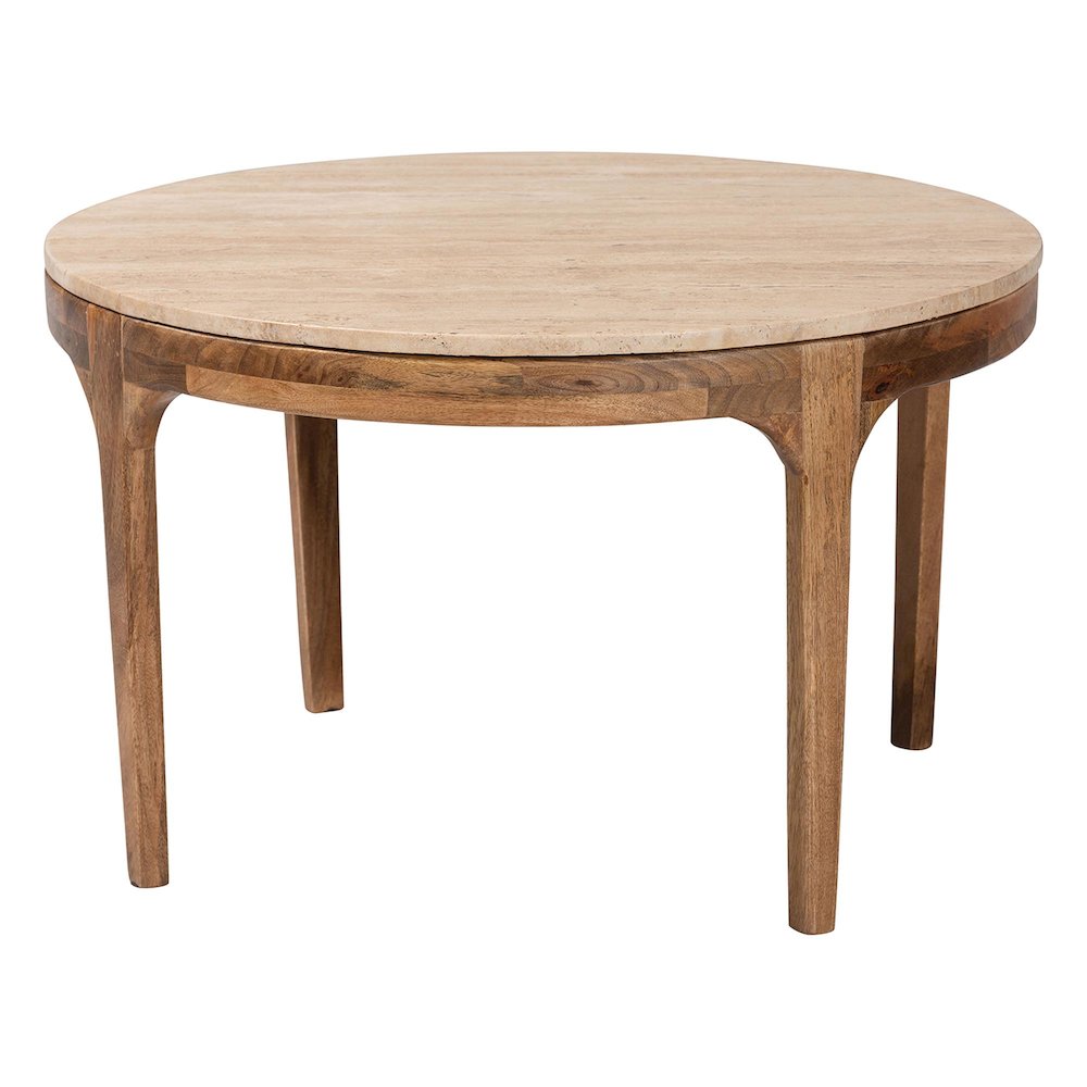 Round Travertine Coffee Table - Modern Accent Table with Mango Wood Frame. Picture 1