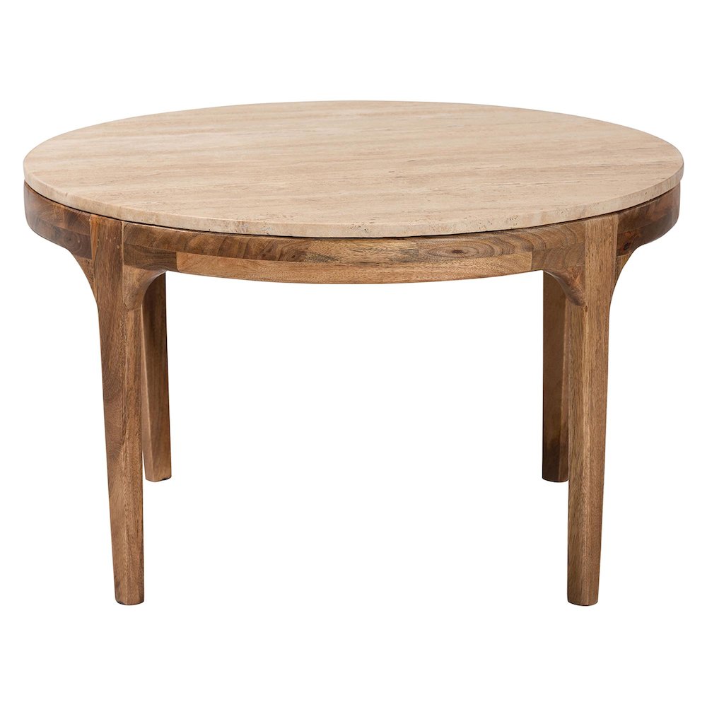 Round Travertine Coffee Table - Modern Accent Table with Mango Wood Frame. Picture 3