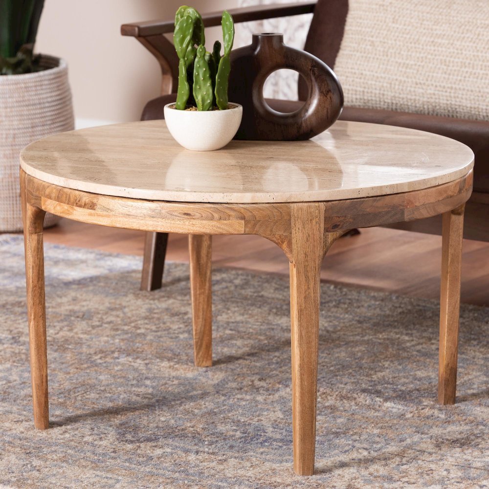 Round Travertine Coffee Table - Modern Accent Table with Mango Wood Frame. Picture 2