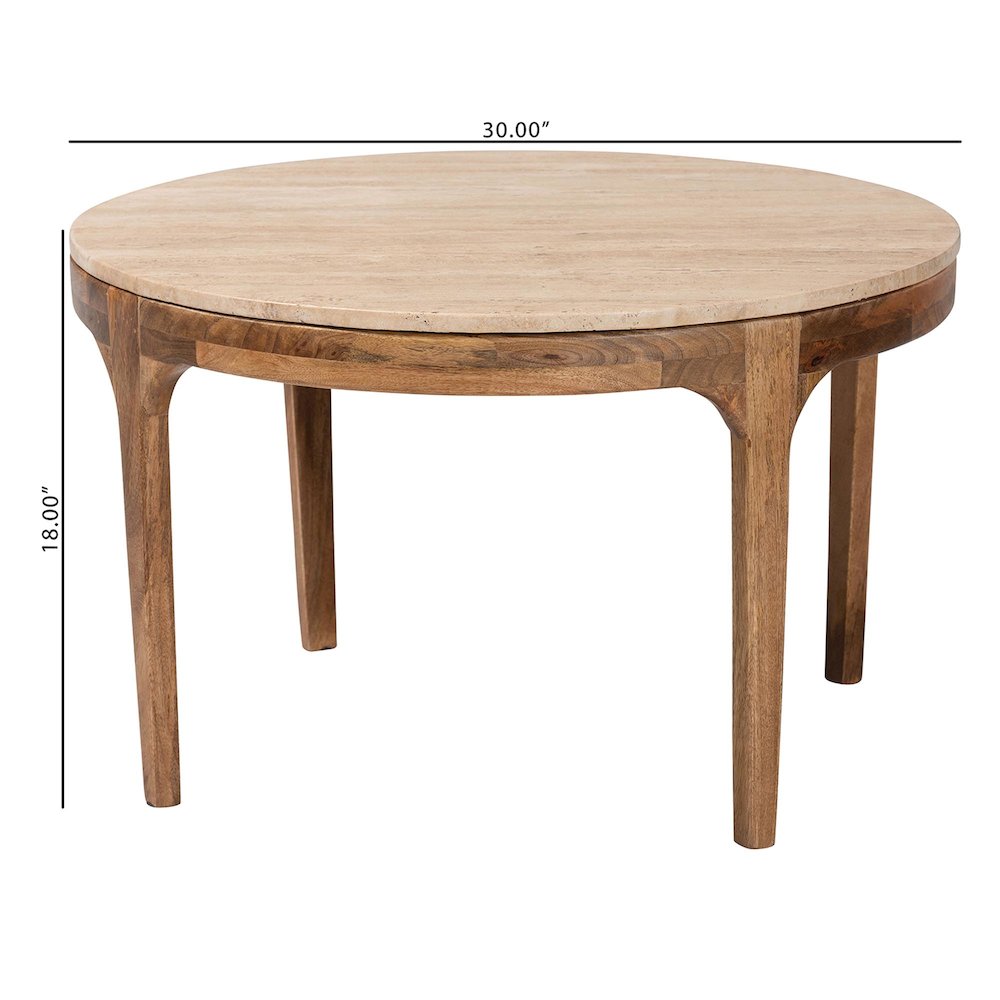 Round Travertine Coffee Table - Modern Accent Table with Mango Wood Frame. Picture 6