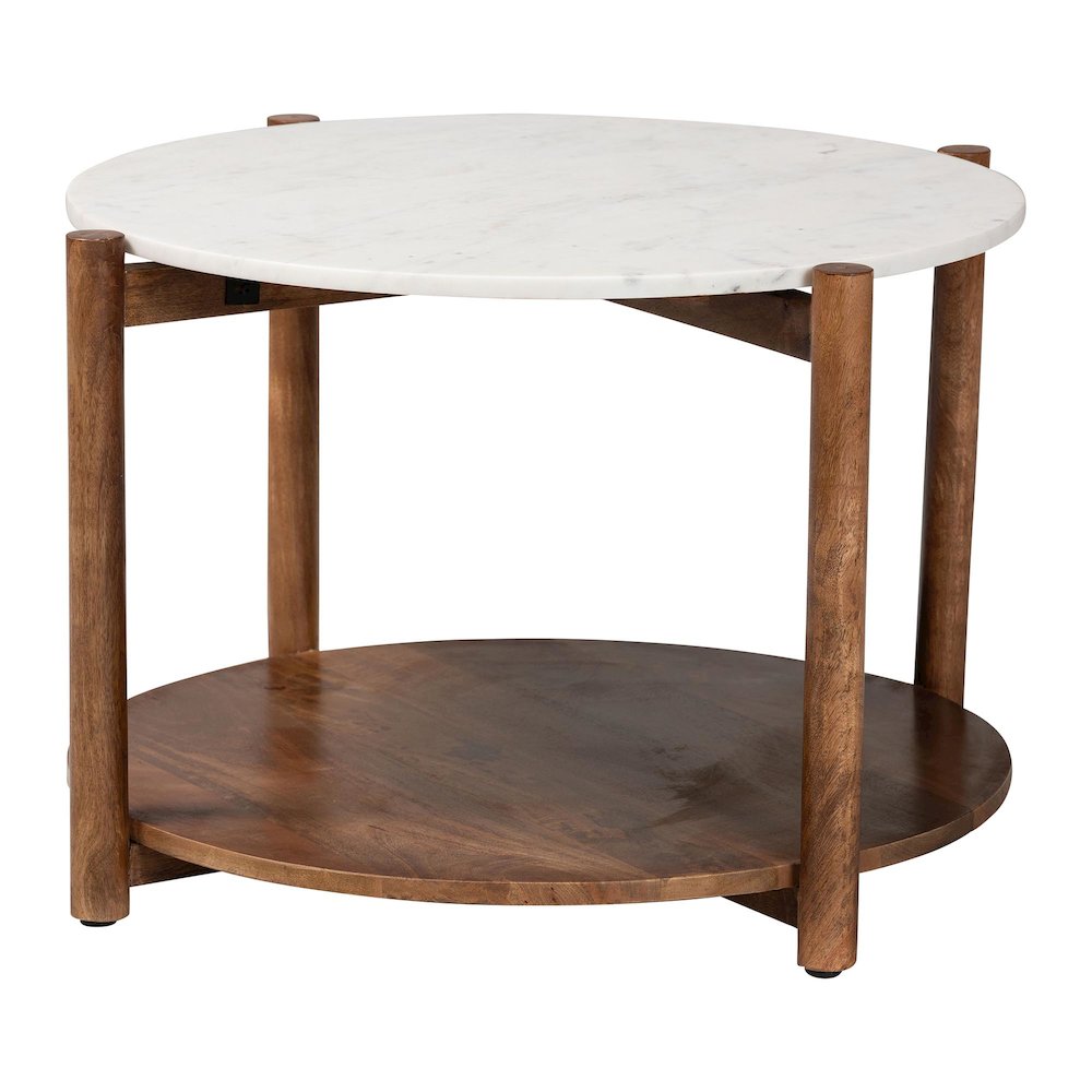 Round Marble Coffee Table with Mango Wood Frame and Open Shelf Storage. Picture 1