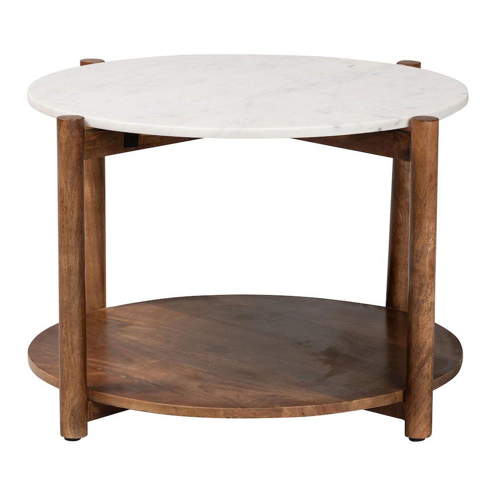 Round Marble Coffee Table with Mango Wood Frame and Open Shelf Storage. Picture 3