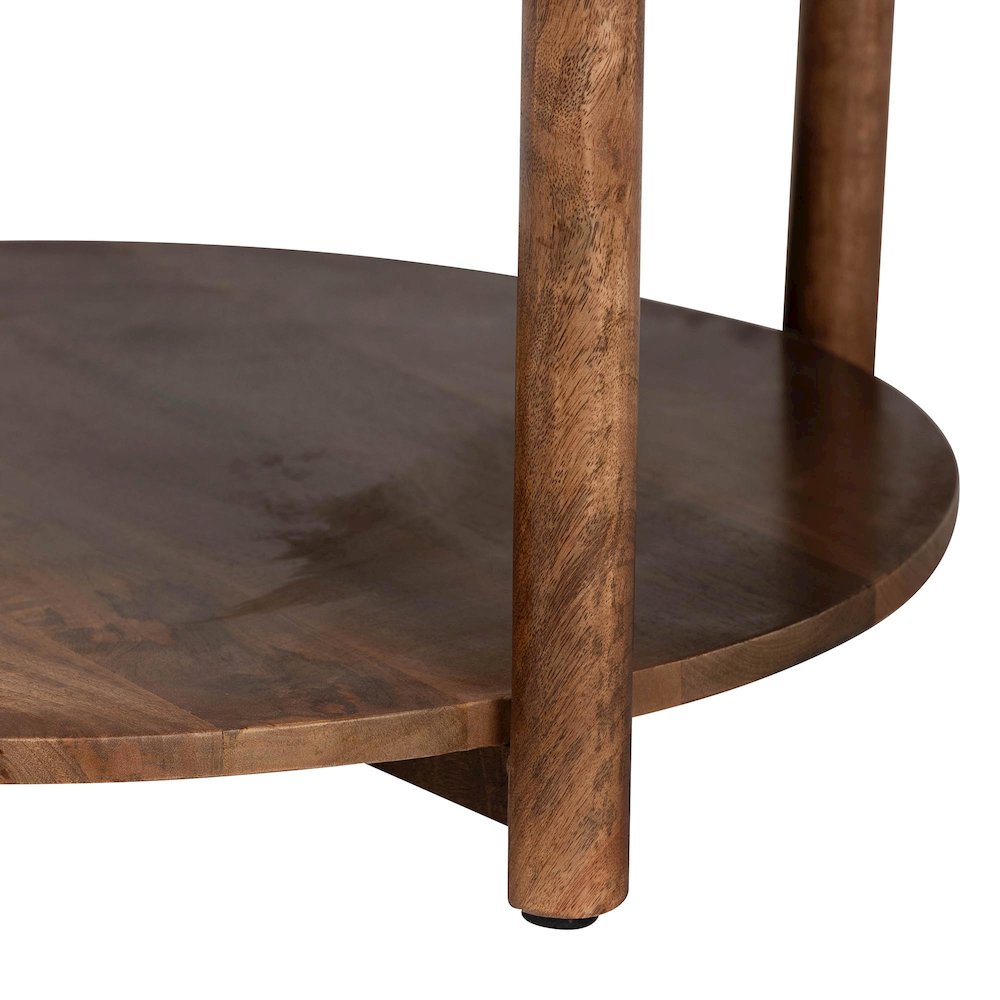 Round Marble Coffee Table with Mango Wood Frame and Open Shelf Storage. Picture 5