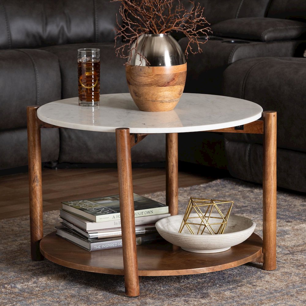 Round Marble Coffee Table with Mango Wood Frame and Open Shelf Storage. Picture 2