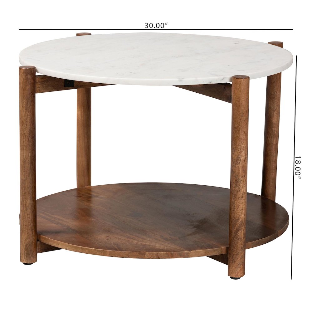 Round Marble Coffee Table with Mango Wood Frame and Open Shelf Storage. Picture 6