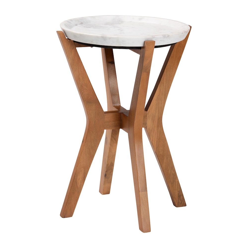 Round Marble End Table, Accent Table with Mango Wood Frame and Tray Tabletop. Picture 1