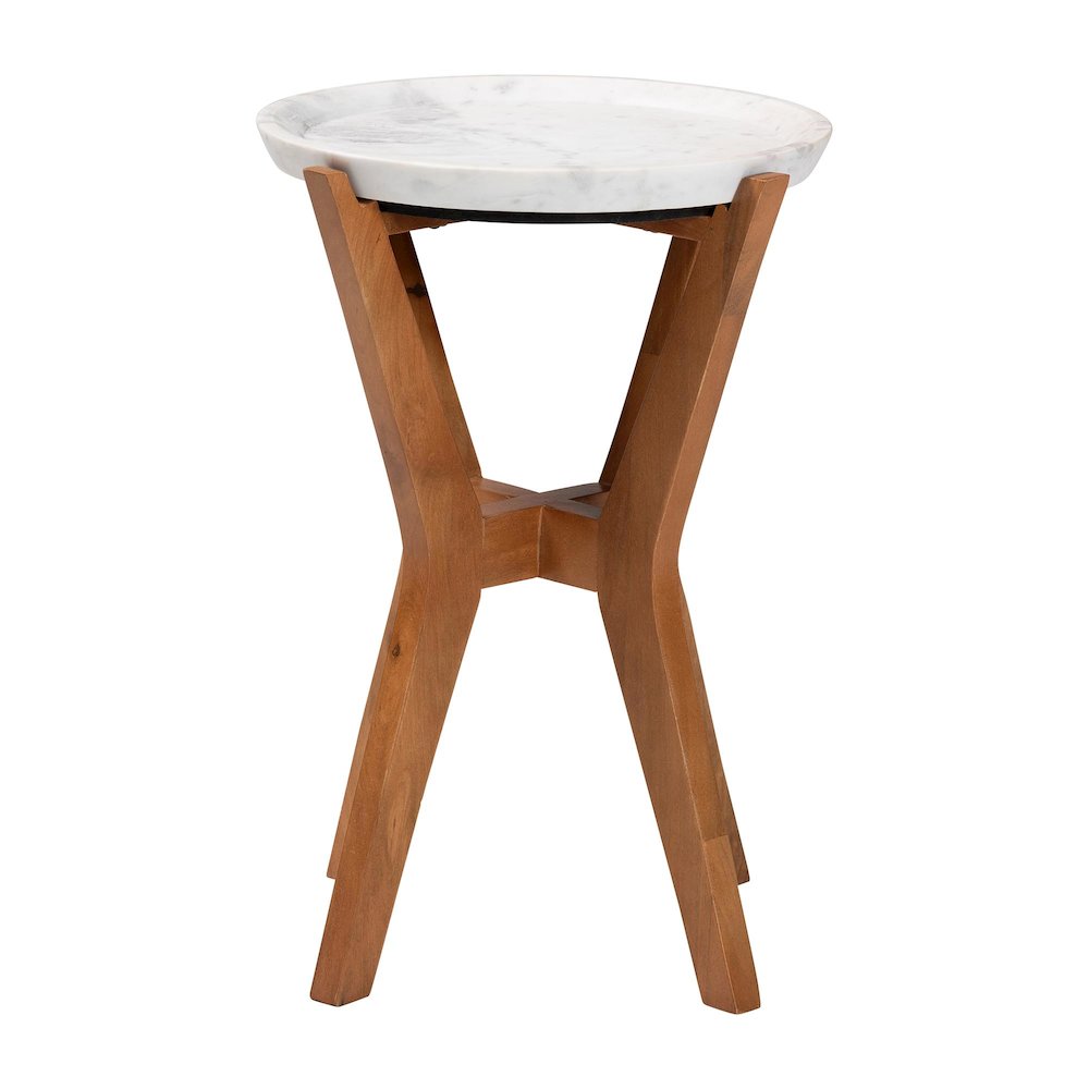 Round Marble End Table, Accent Table with Mango Wood Frame and Tray Tabletop. Picture 3