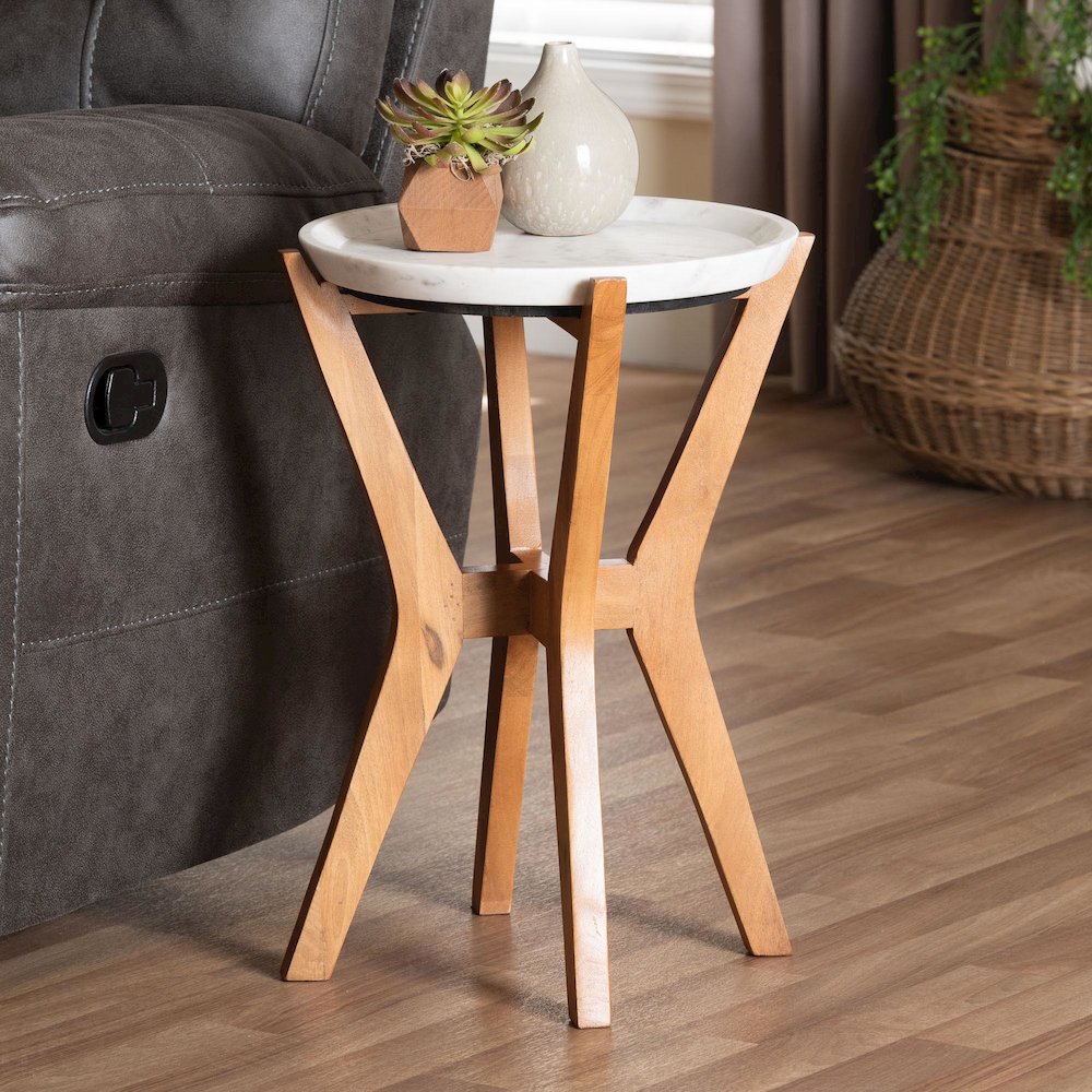 Round Marble End Table, Accent Table with Mango Wood Frame and Tray Tabletop. Picture 2