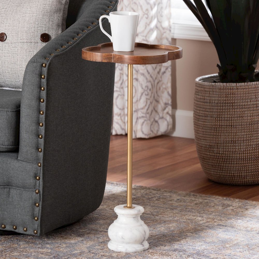 Gezana Drink Table with Marble Base - Pedestal Accent Table with Clover Tray Top. Picture 2