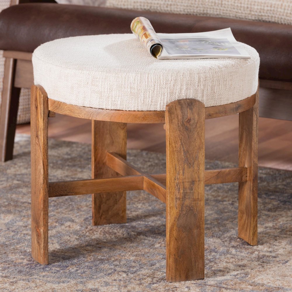 Modern Accent Ottoman Stool with Upholstered Cushion and Mango Wood Frame. Picture 2