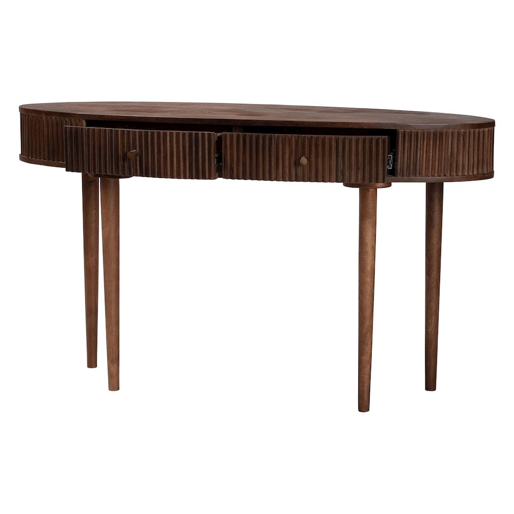 Fluted Wood Console Table - 2-Drawer Oval Accent Table. Picture 3