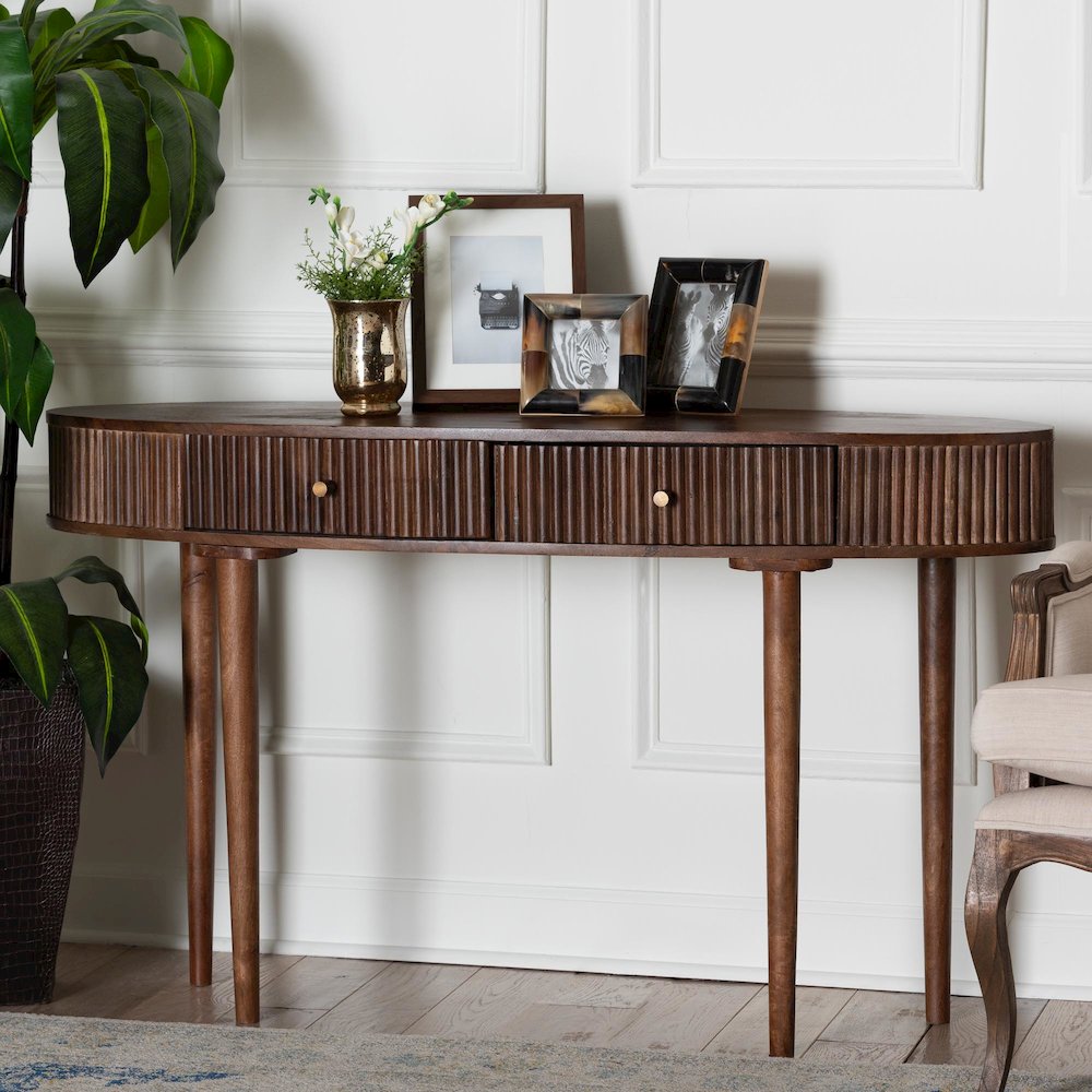 Fluted Wood Console Table - 2-Drawer Oval Accent Table. Picture 2